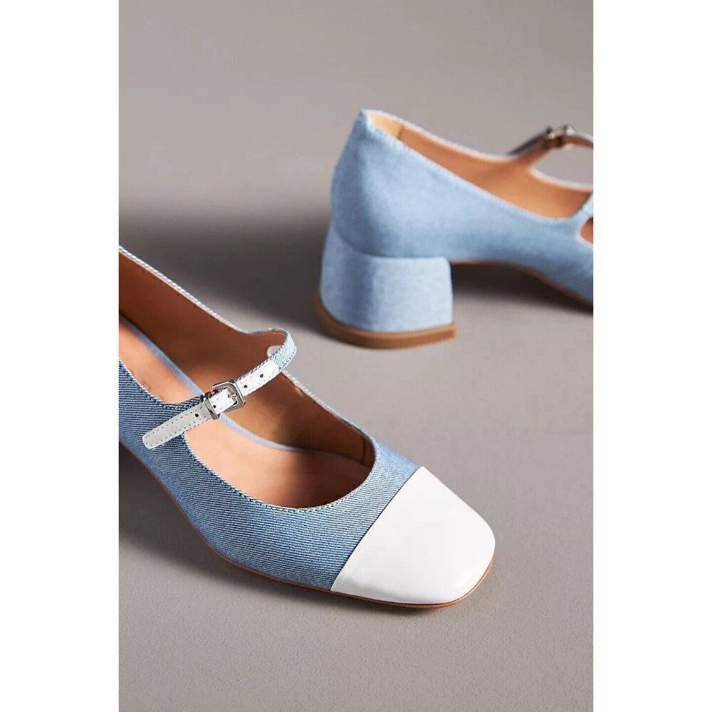 NEW ANTHROPOLOGIE Sz 38 7 COLORBLOCK MARY JANE HEELS DENIM WHITE - Picture 4 of 4